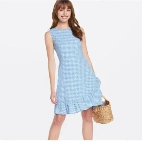 Draper James Blue Gingham Seersucker Sleeveless Faux Wrap Ruffle Dress Size 6 8 - Picture 2 of 10